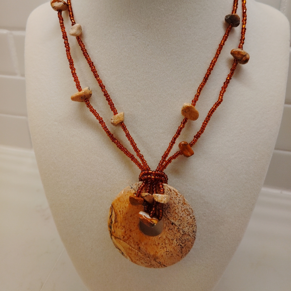 Natural Stone Pendant On Seed Bead And Stone Chip Necklace